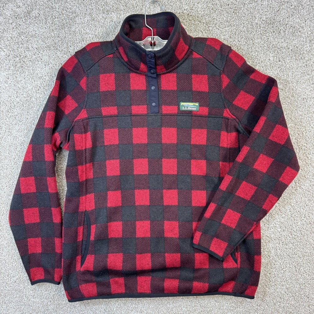 LL Bean Women Red Black Buffalo Plaid Sweater Fleece Snap Pullover Large 500757